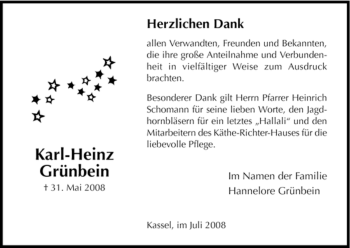 Traueranzeige von Karl-Heinz Grünbein von HNA