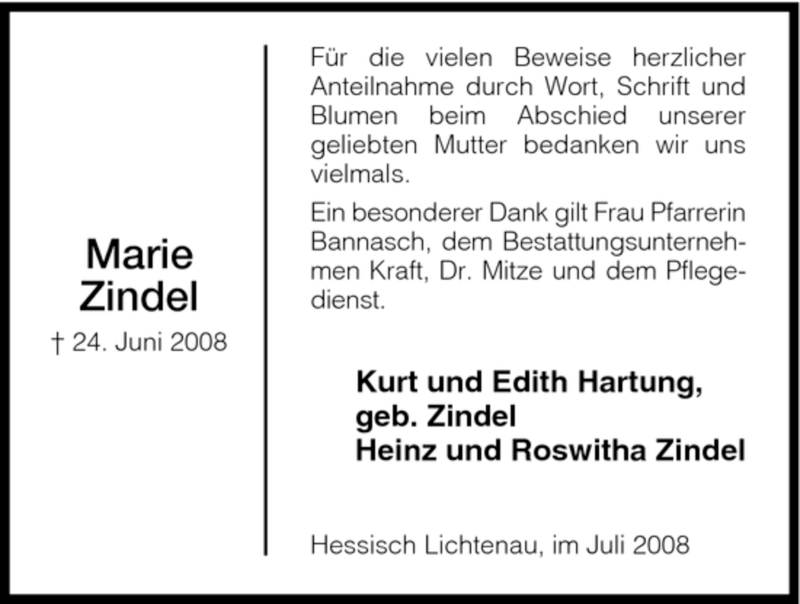  Traueranzeige für Marie Zindel vom 12.07.2008 aus HNA
