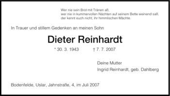 Traueranzeige von Dieter Reinhardt von HNA