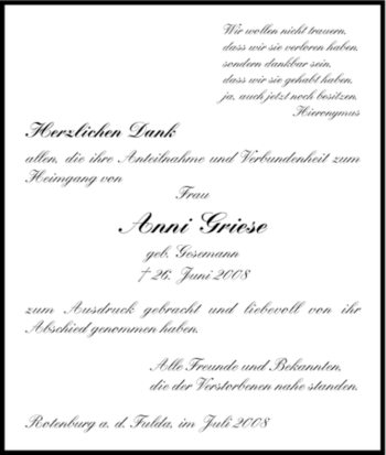 Traueranzeige von Anni Griese von HNA