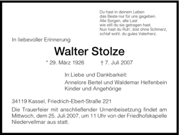 Traueranzeige von Walter Stolze von HNA