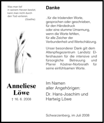 Traueranzeige von Anneliese Löwe von HNA