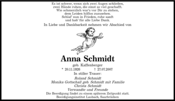Traueranzeige von Anna Schmidt von HNA