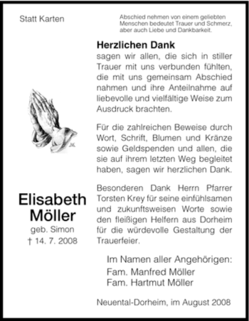 Traueranzeige von Elisabeth Möller von HNA