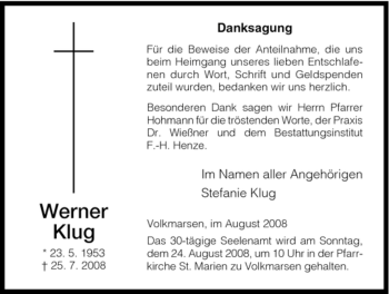 Traueranzeige von Werner Klug von HNA