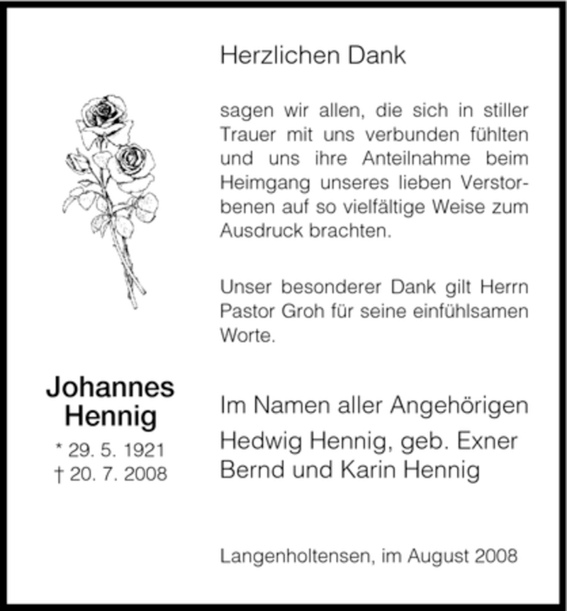 Traueranzeige für Johannes Hennig vom 16.08.2008 aus HNA