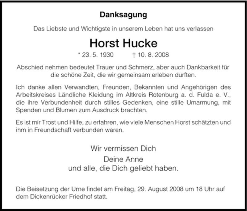  Traueranzeige für Horst Hucke vom 27.08.2008 aus HNA