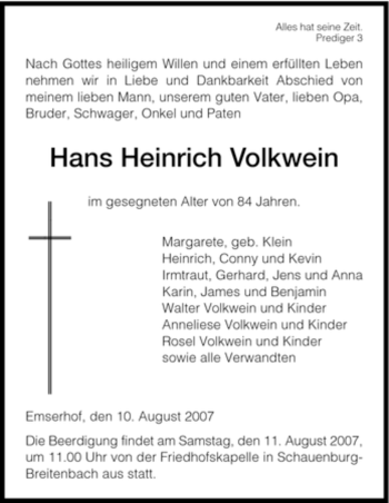 Traueranzeige von Hans Heinrich Volkwein von HNA