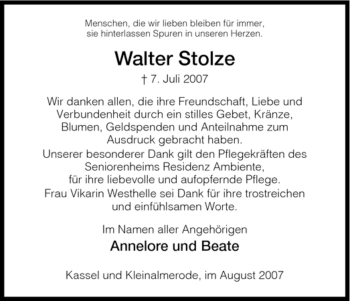 Traueranzeige von Walter Stolze von HNA