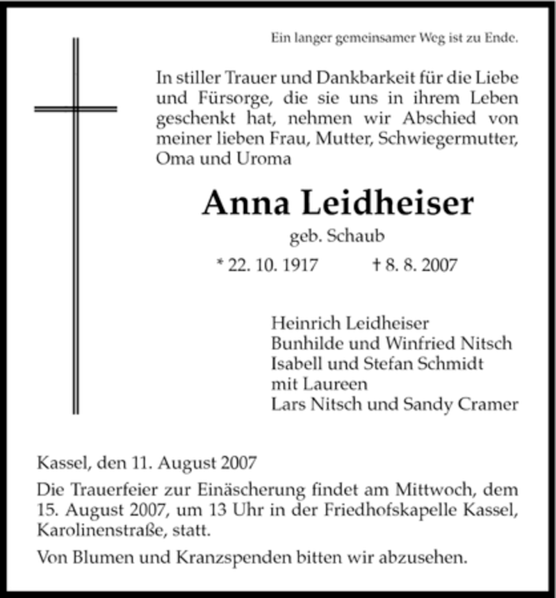  Traueranzeige für Anna Leidheiser vom 11.08.2007 aus HNA