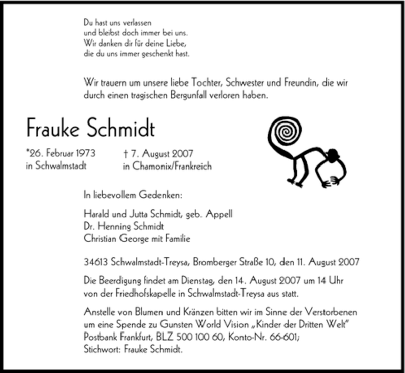  Traueranzeige für Frauke Schmidt vom 11.08.2007 aus HNA