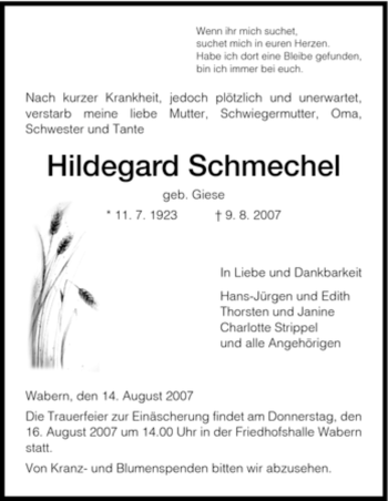 Traueranzeige von Hildegard Schmechel von HNA