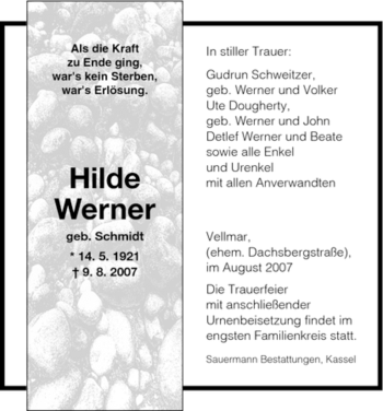 Traueranzeige von Hilde Werner von HNA