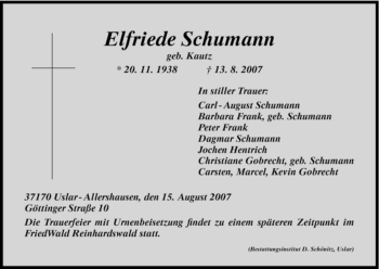 Traueranzeige von Elfriede Schumann von HNA