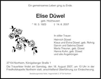 Traueranzeige von Elise Düwel von HNA