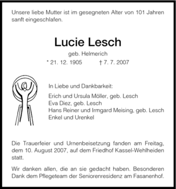 Traueranzeige von Lucie Lesch von HNA