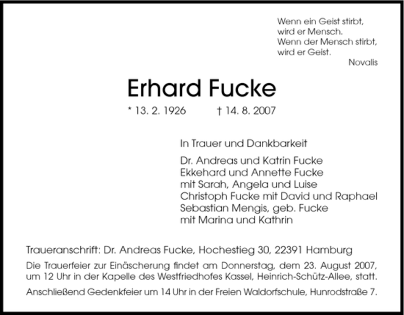  Traueranzeige für Erhard Fucke vom 20.08.2007 aus HNA