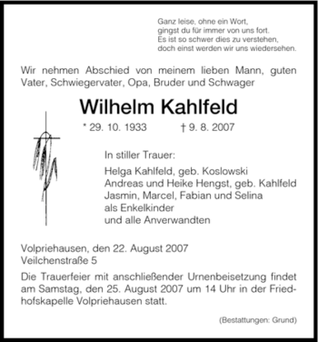 Traueranzeige von Wilhelm Kahlfeld von HNA
