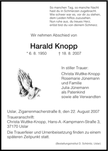 Traueranzeige von Harald Knopp von HNA