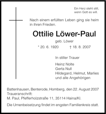 Traueranzeige von Ottilie Löwer-Paul von HNA