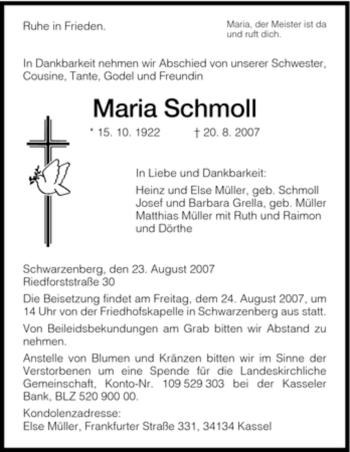 Traueranzeige von Maria Schmoll von HNA