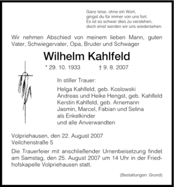 Traueranzeige von Wilhelm Kahlfeld von HNA