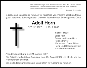 Traueranzeige von Adolf Horn von HNA