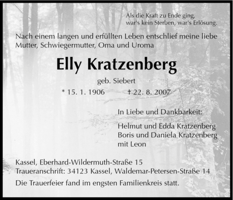 Traueranzeigen Von Elly Kratzenberg | Trauer.HNA.de