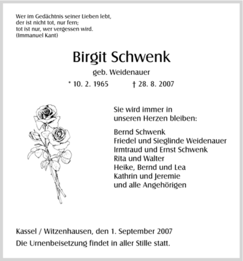  Traueranzeige für Birgit Schwenk vom 01.09.2007 aus HNA