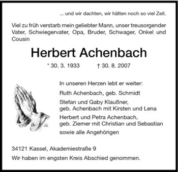 Traueranzeige von Herbert Achenbach von HNA