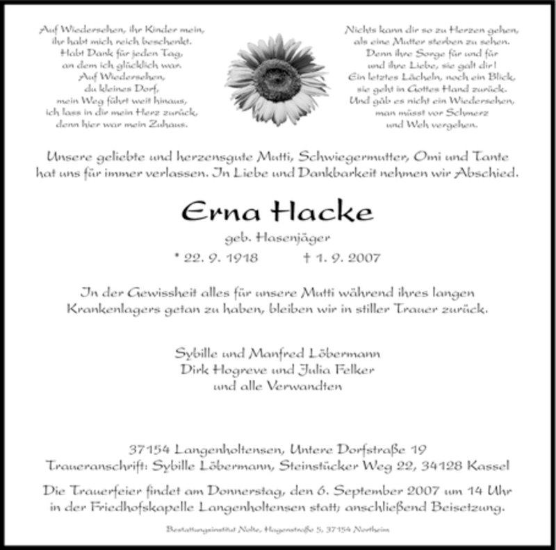  Traueranzeige für Erna Hacke vom 04.09.2007 aus HNA