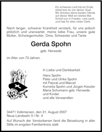 Traueranzeige von Gerda Spohn von HNA