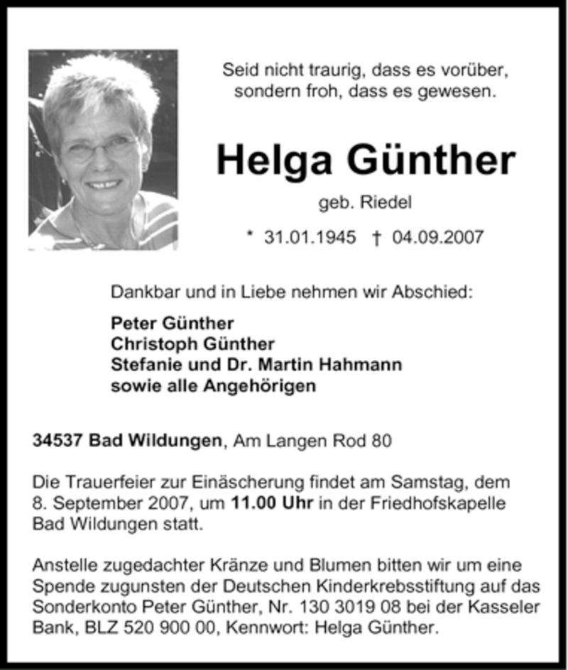 Traueranzeigen von Helga Günther | Trauer.HNA.de