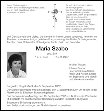 Traueranzeige von Maria Szabo von HNA