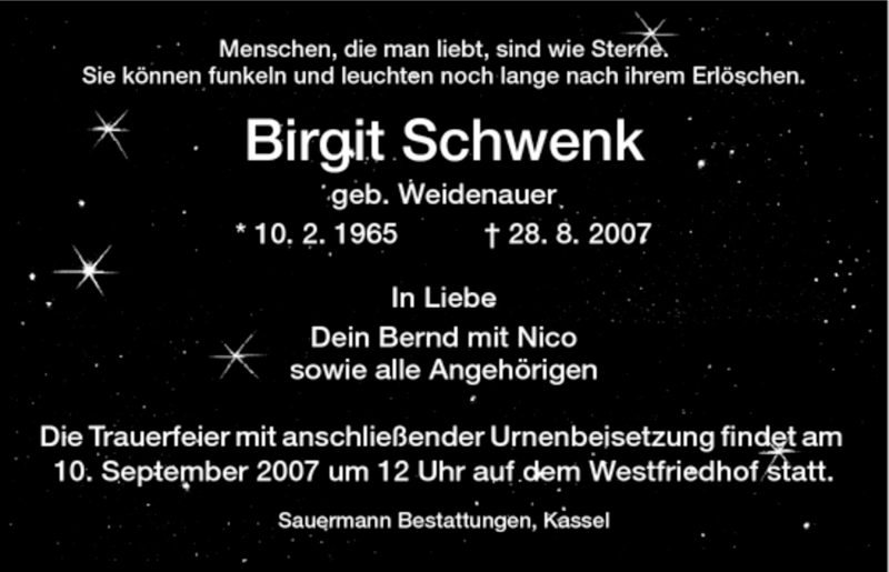  Traueranzeige für Birgit Schwenk vom 08.09.2007 aus HNA