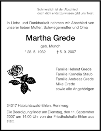 Traueranzeige von Martha Grede von HNA