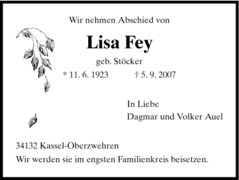 Traueranzeige von Lisa Fey von HNA