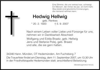 Traueranzeige von Hedwig Hellwig von HNA