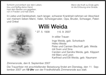 Traueranzeige von Willi Weida von HNA