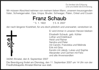 Traueranzeige von Franz Schaub von HNA