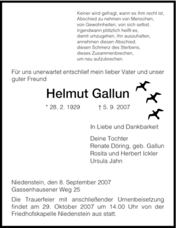 Traueranzeige von Helmut Gallun von HNA