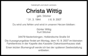 Traueranzeige von Wittig Christa von HNA