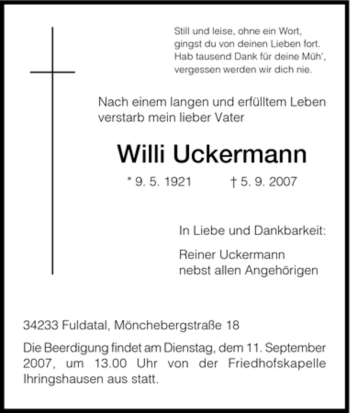 Traueranzeige von Willi Uckermann von HNA