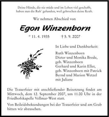 Traueranzeige von Egon Winzenborn von HNA