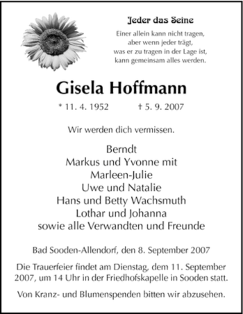 Traueranzeige von Gisela Hoffmann von HNA