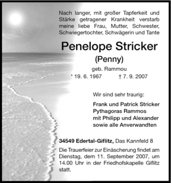 Traueranzeige von Penelope Stricker von HNA