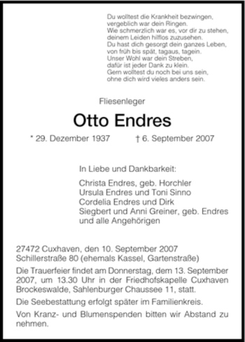 Traueranzeige von Otto Endres von HNA