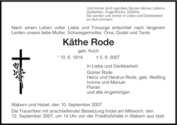 Traueranzeige von Käthe Rode von HNA