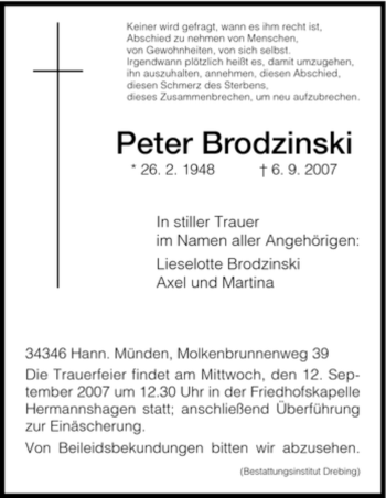 Traueranzeige von Peter Brodzinski von HNA