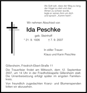 Traueranzeige von Ida Peschke von HNA